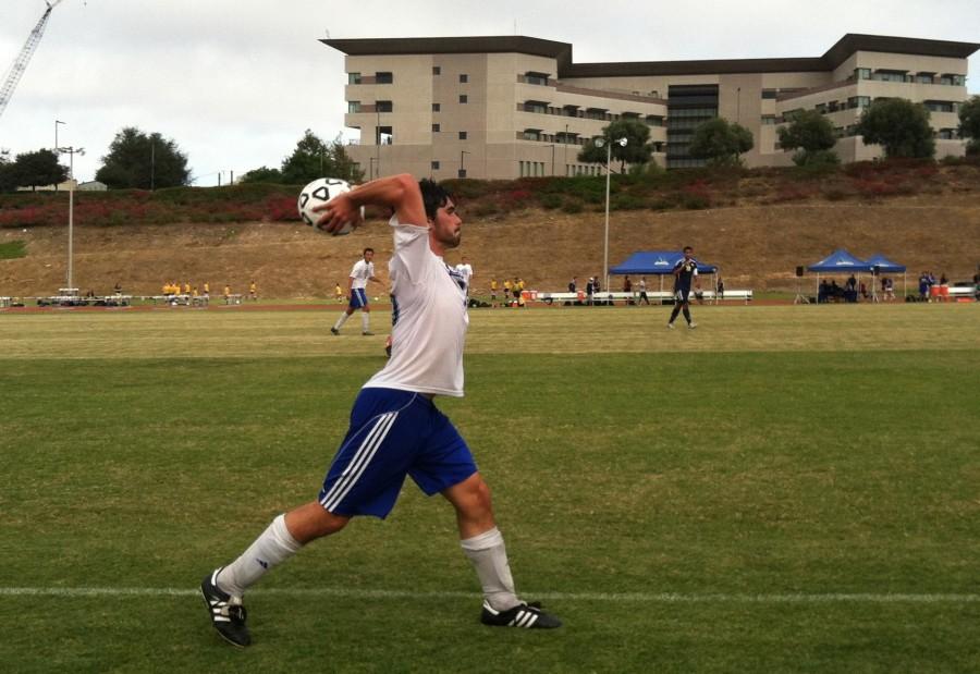Picture of college soccer player throwing in ball from sideline