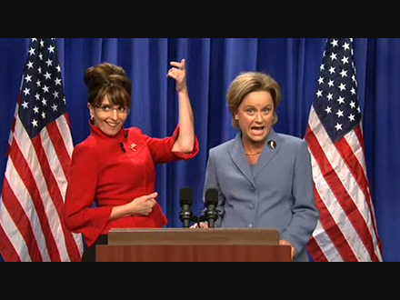 Tina Fey, left, as Sarah Palin and Amy Poehler as Hillary Clinton on Saturday Night Live.