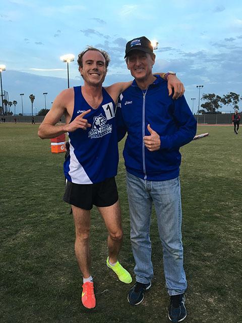 Trent Warren with Coach Scott after his record breaking 3000m race.