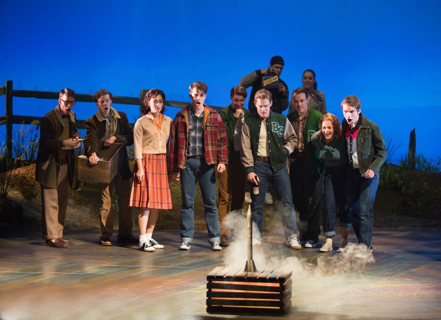 The cast of the West Coast premiere of October Sky, with book by Brian Hill and Aaron Thielen, music and lyrics by Michael Mahler, directed and choreographed by Rachel Rockwell, inspired by the Universal Pictures film and Rocket Boys by Homer H. Hickam, Jr., running Sept. 10 - Oct. 23, 2016 at The Old Globe. Photo by Jim Cox.