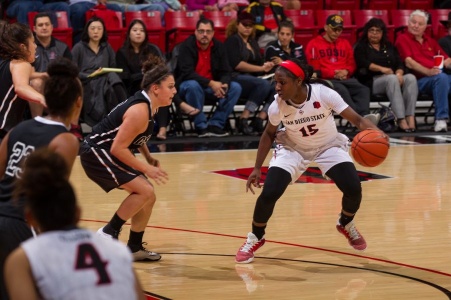 04 November 2016: The San Diego State Aztecs womens basketball team opens up the season with an exhibition against CSU San Marcos. The Aztecs beat the Cougars 74-53 at Viejas Arena Friday night. www.sdsuaztecphotos.com