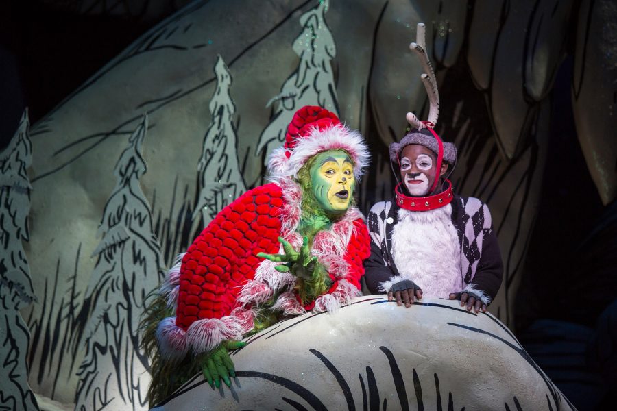 (from left) J. Bernard Calloway as The Grinch and Tyrone Davis, Jr. as Young Max in Dr. Seuss’ How the Grinch Stole Christmas!, directed by James Vásquez, running Nov. 5 – Dec. 26, 2016 at The Old Globe. Photo by Jim Cox.