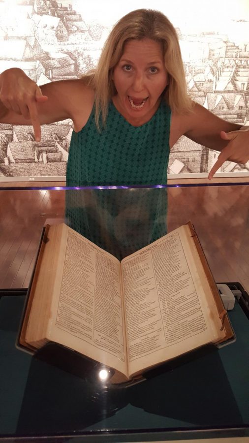 Professor Cynthia Headley with William Shakespeare’s first folio/manuscript at the San Diego Library