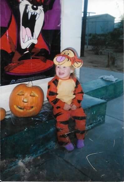 Meghan Taylor, at two-years-old, in a tiger costume on Halloween. 