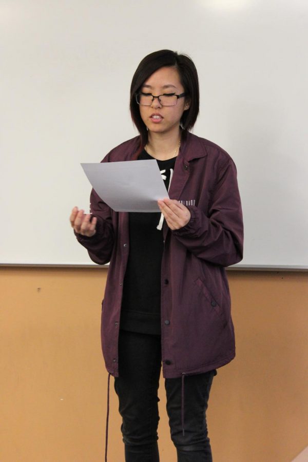 Student showcases her piece at the Literature Club Open Mic during U-hour, Thursday, Nov. 30.