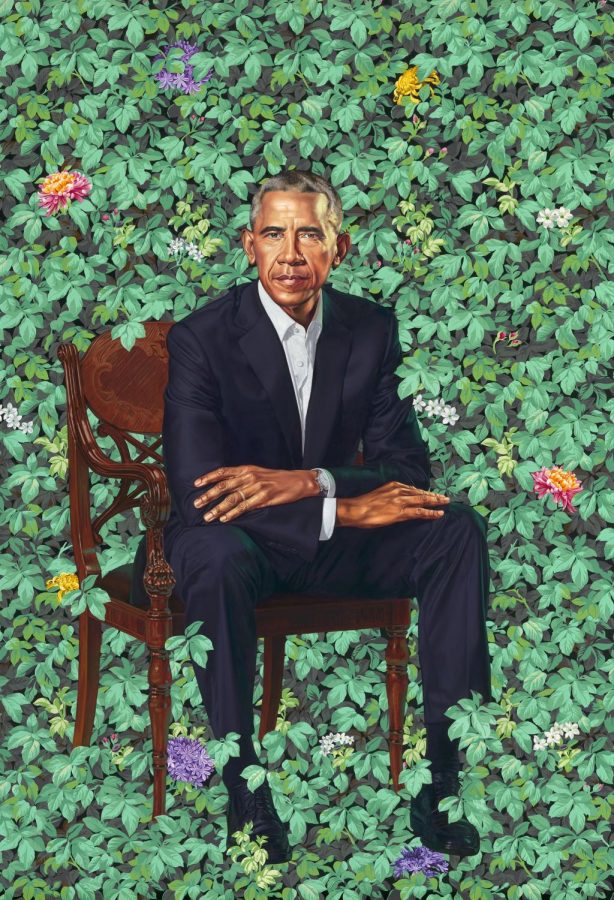 Barack Obama by Kehinde
Wiley, oil on canvas, 2018. National
Portrait Gallery, Smithsonian Institution.
The National Portrait Gallery is grateful to the following lead
donors for their support of the Obama portraits: Kate Capshaw and Steven Spielberg; Judith Kern and
Kent Whealy
; Tommie L. Pegues and Donald A. Capoccia
