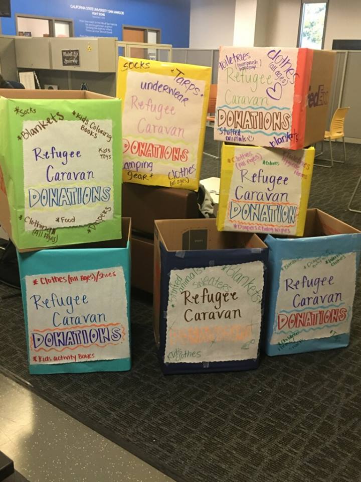 CSUSM Border Angels and CSUSM Anthropology club collect donations for the caravan refugees.