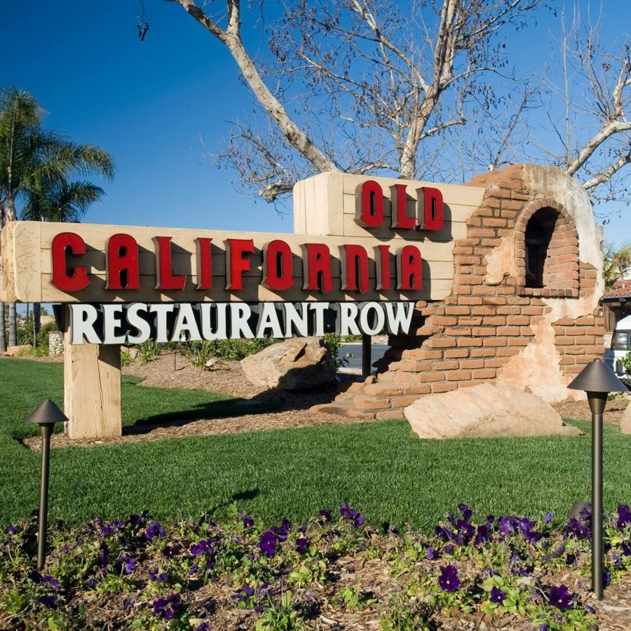 Street view of the San Marcos Old California Restaurant Row.
