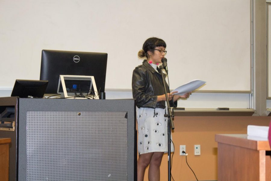  Speaker Jackie Wang reads to audience members at a Liteary series event Oct. 4.