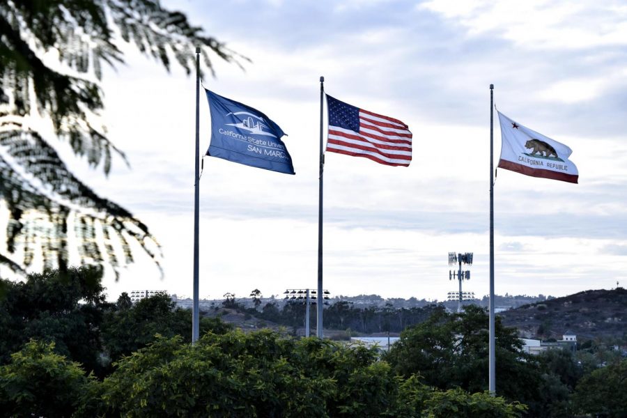 The American flag flies high in front of the CSUSM campus.