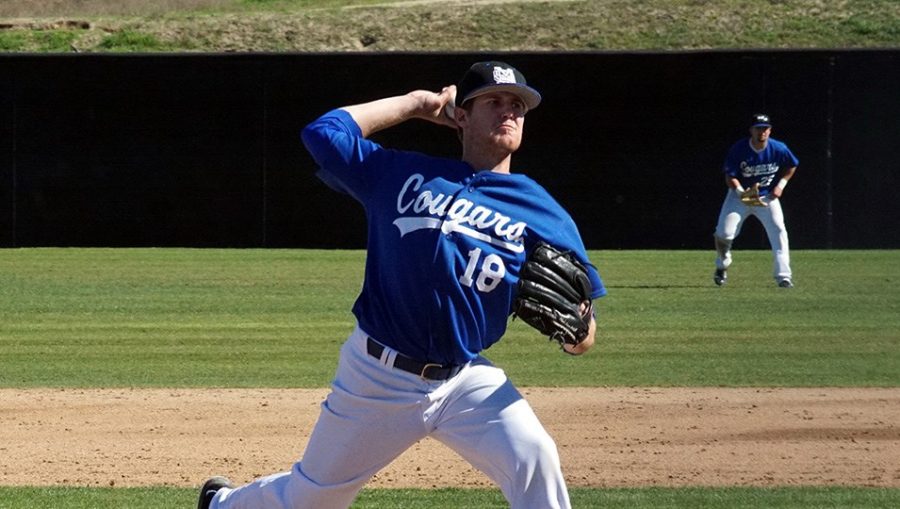 Taylor Ahearn pitches a game for CSUSM in 2017.