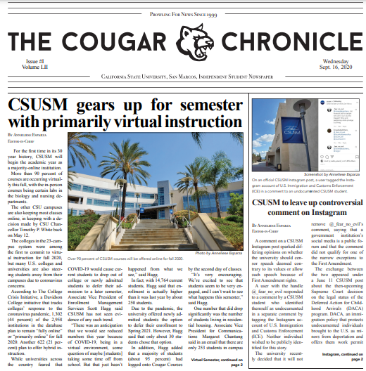 Read Edition 1 of The Cougar Chronicle (9/16/20)