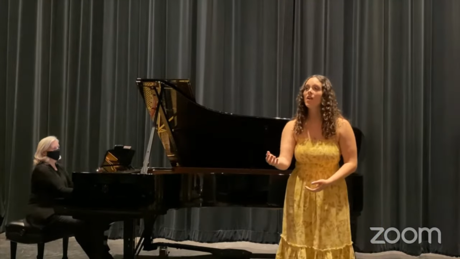 Senior music students will complete their capstone projects virtually because of the COVID-19 pandemic. Pictured is Sarah Lehman singing.