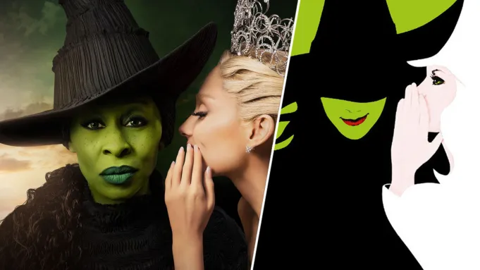 'Wicked' film key art with Cynthia Erivo and Ariana Grande (L); 'Wicked' Broadway musical key art (R)